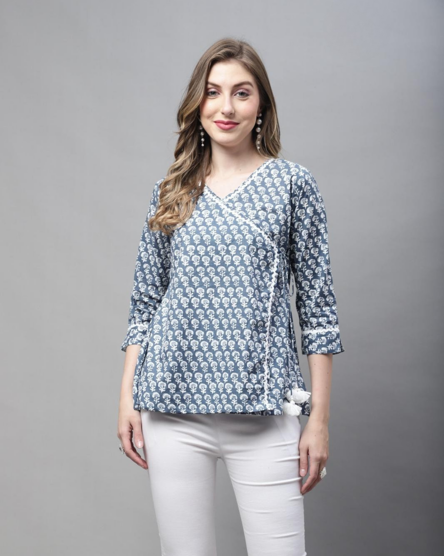 Elegant Printed Wrap-Style Cotton Top – Blue & White