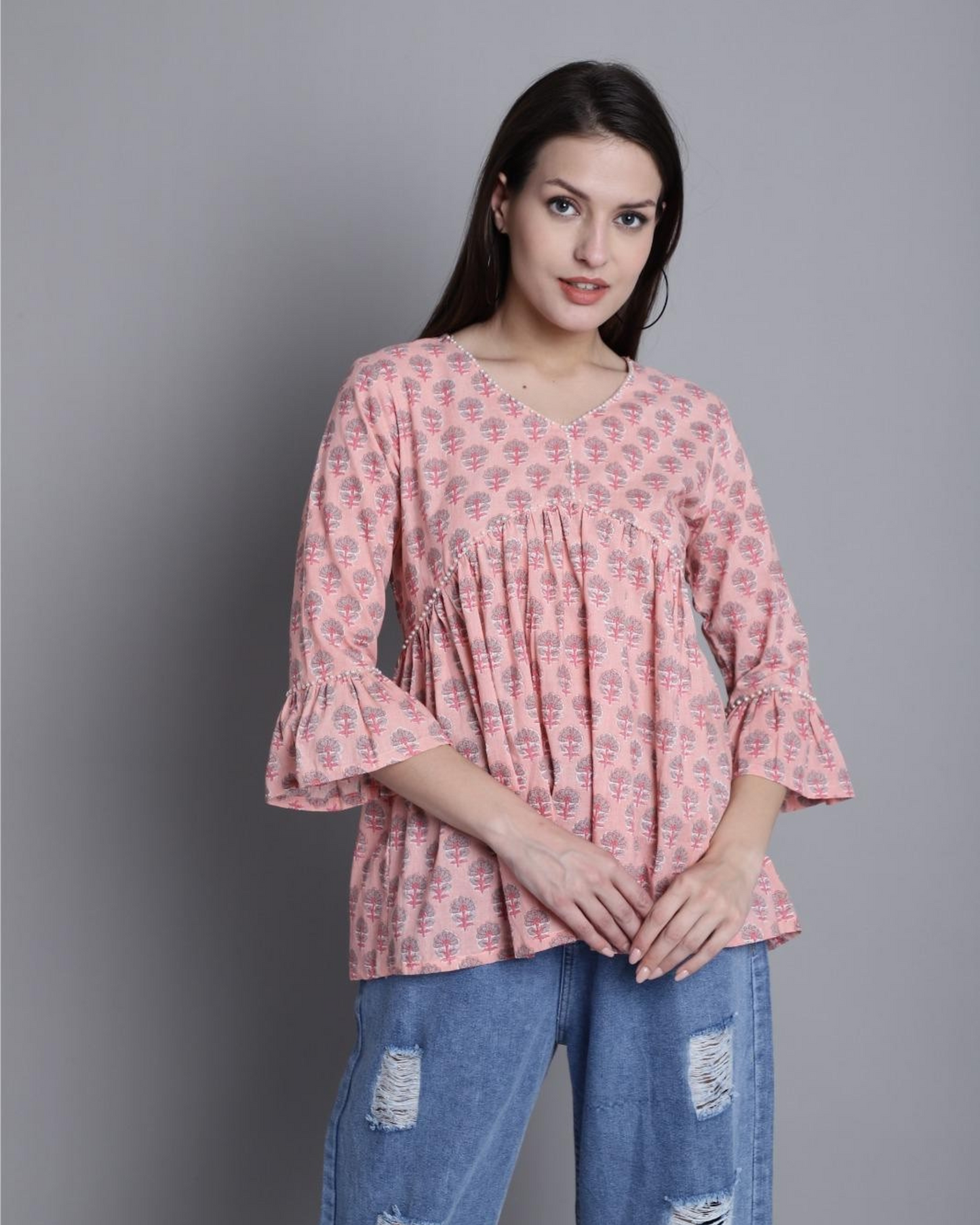Women's Boho-Chic Printed Cotton Top – Pink & White
