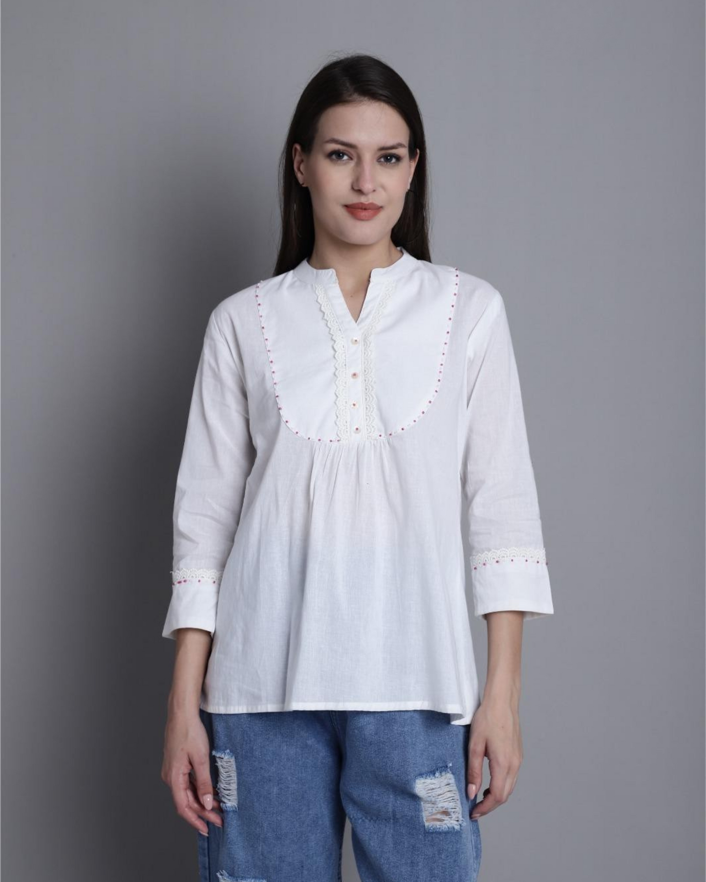 Elegant White Cotton Tunic with Lace Detailing