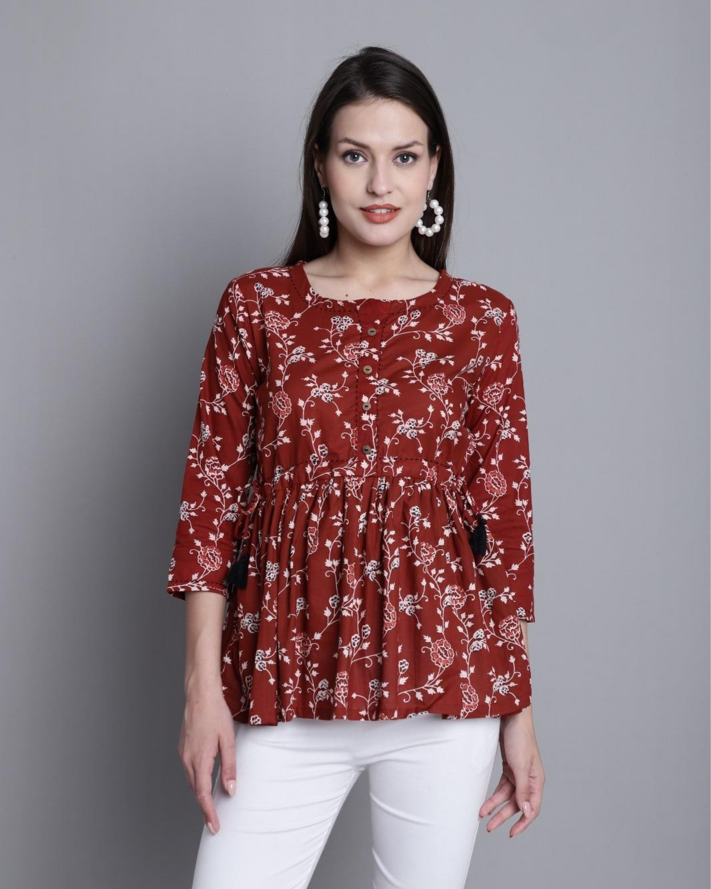 Rust Red Floral Cotton Peplum Top – Effortless Elegance