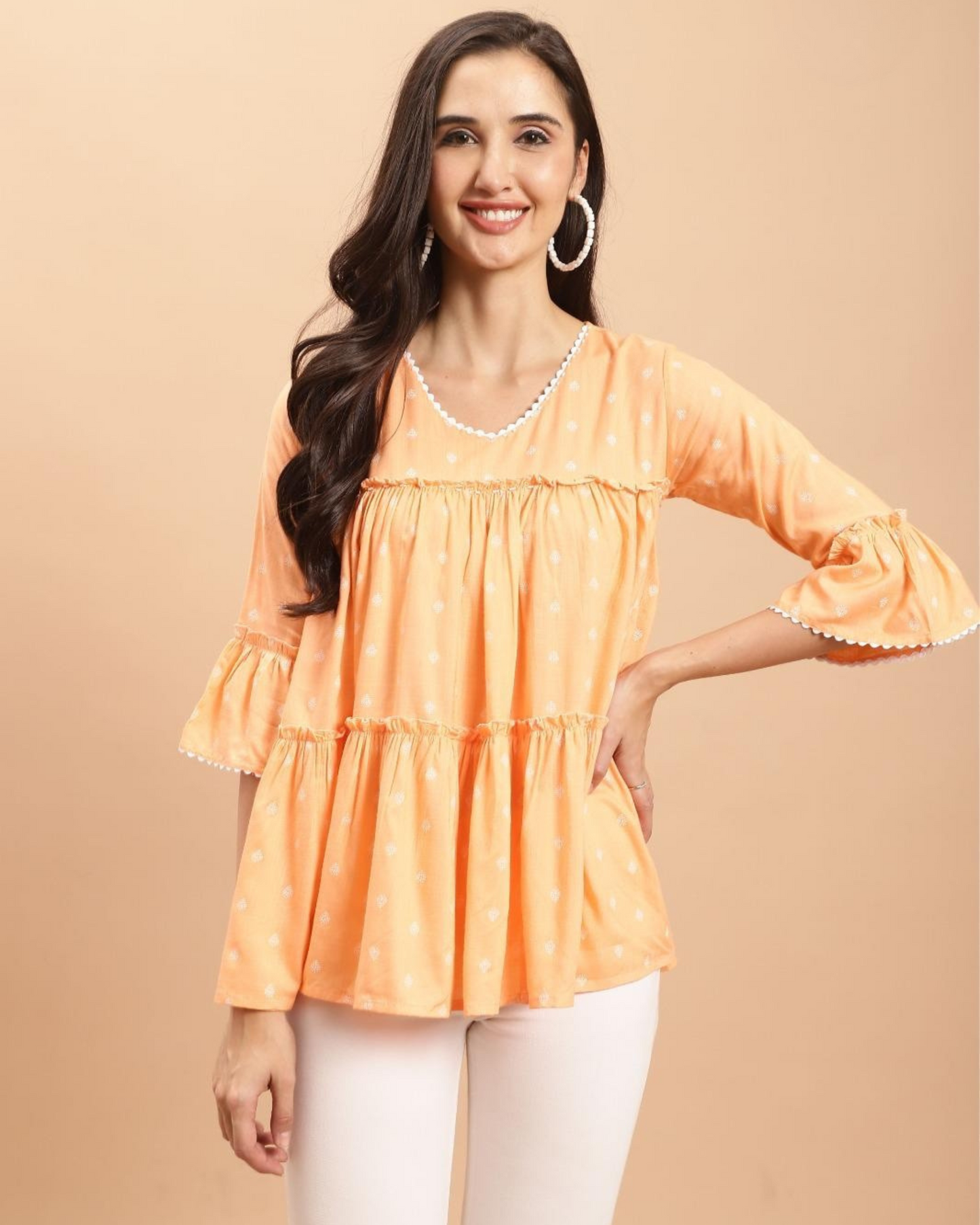 Peach Tiered Cotton Top with Bell Sleeves – Breezy & Elegant