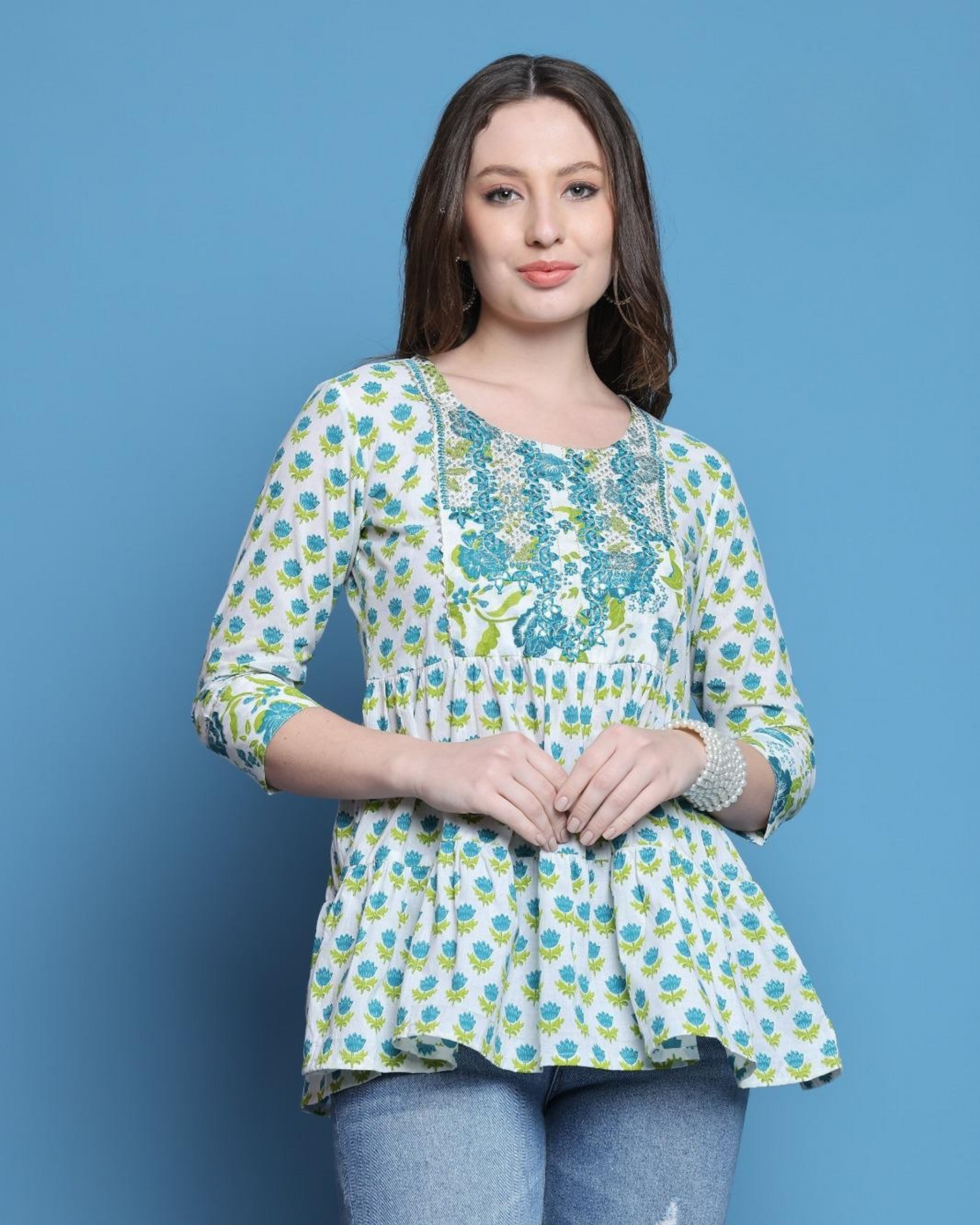 Floral Bliss Cotton Peplum Top - Light Green