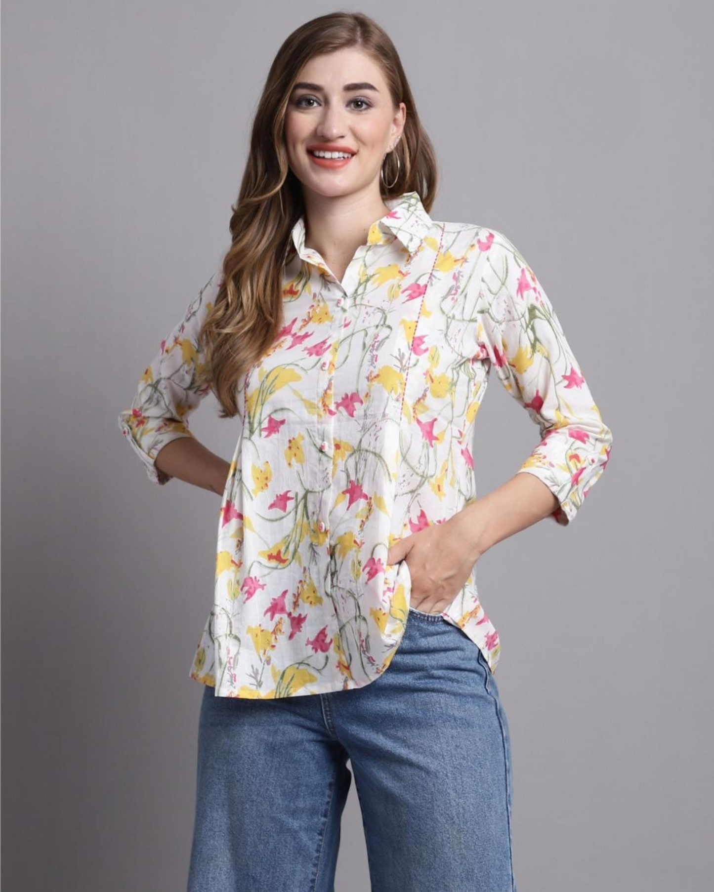 Chic White Floral Printed Cotton Shirt