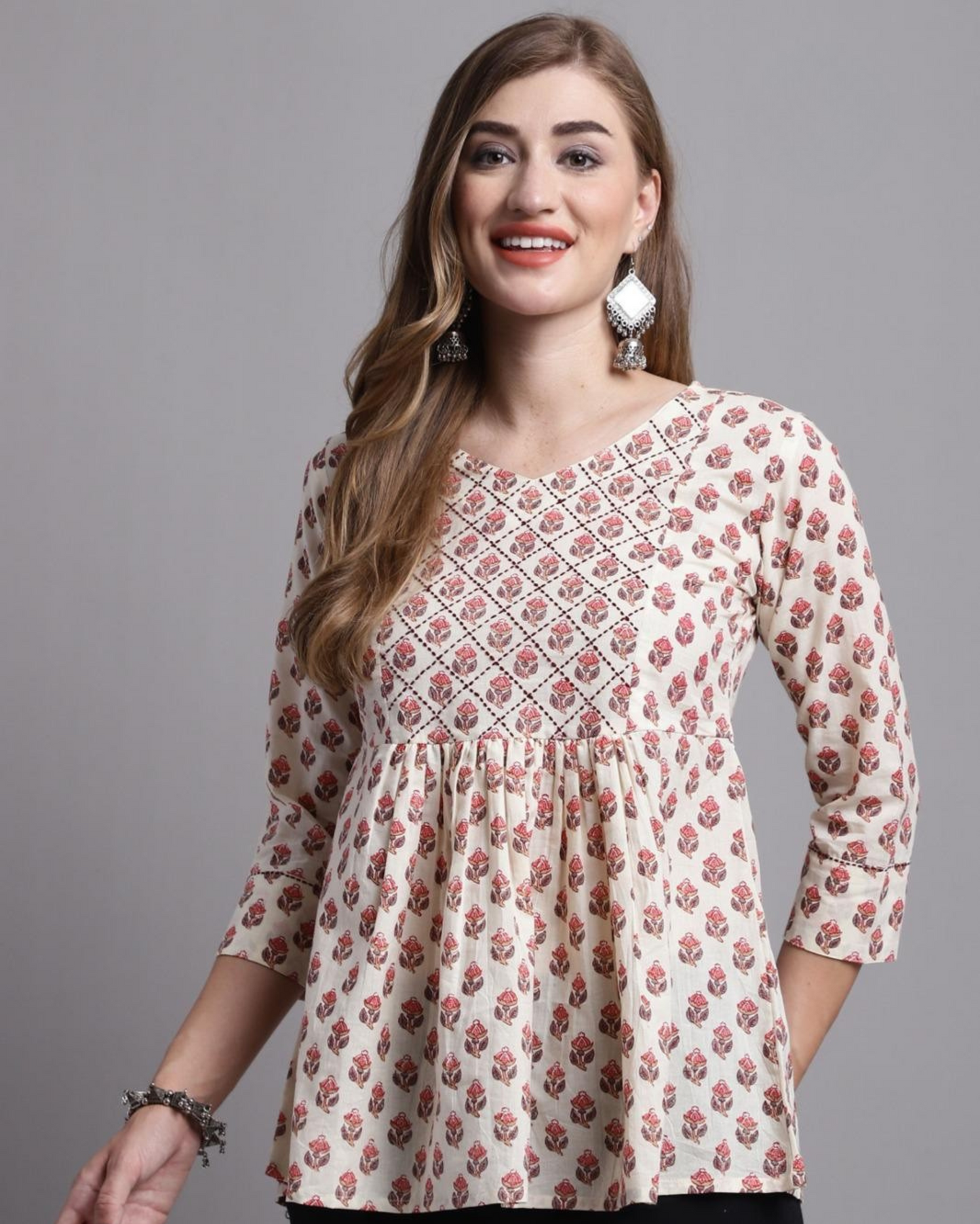 Off-White Floral Printed Cotton Peplum Top – Ethnic Elegance
