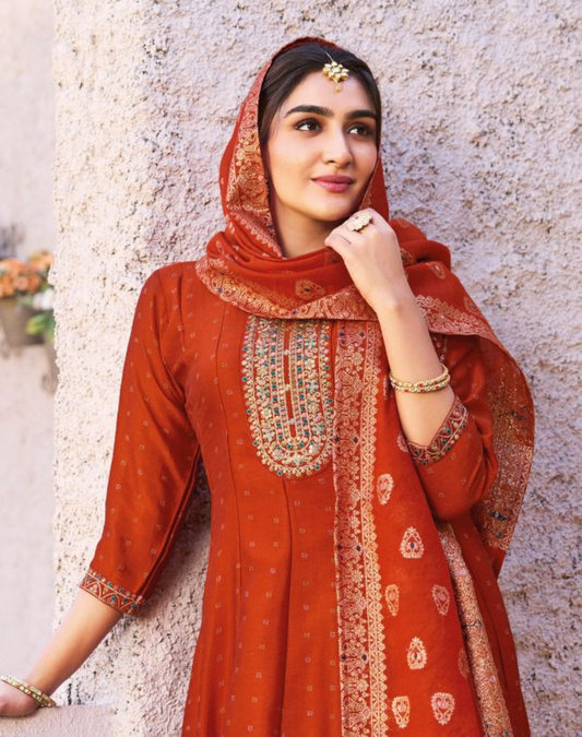 Exquisite Vichitra Silk Embroidered Suit with Chanderi Jacquard Dupatta