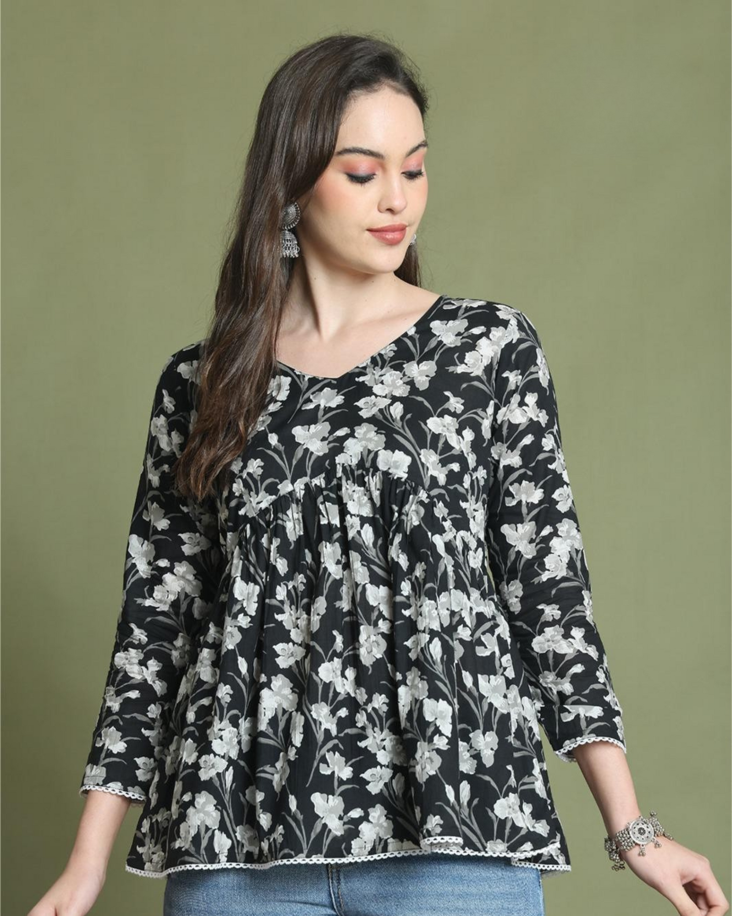 Elegant Black & White Floral Peplum Top - Black