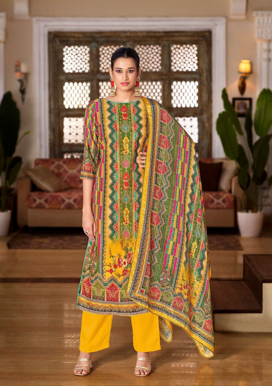 Elegant Maslin Digital Print Suit with Aari Mirror Work