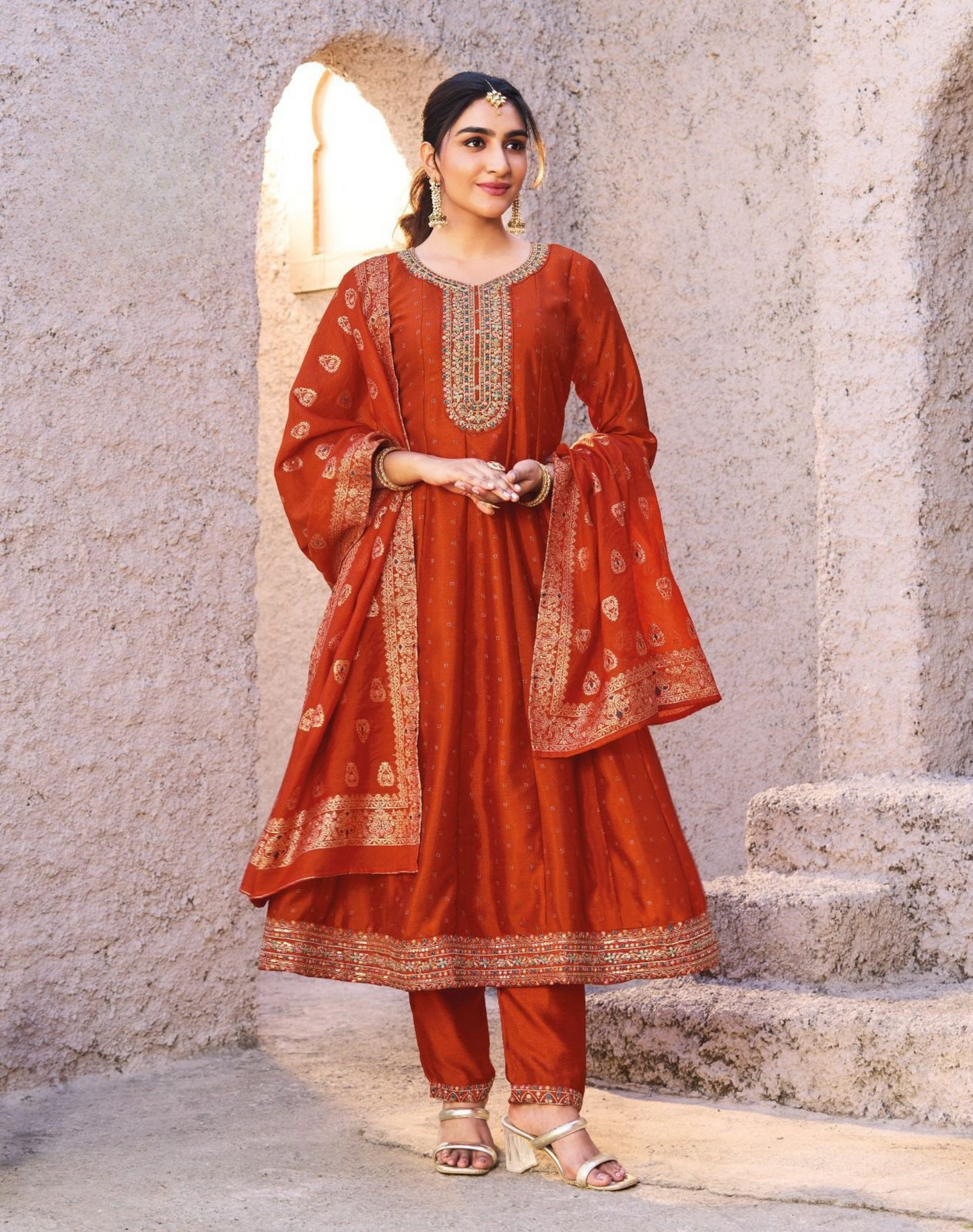 Exquisite Vichitra Silk Embroidered Suit with Chanderi Jacquard Dupatta