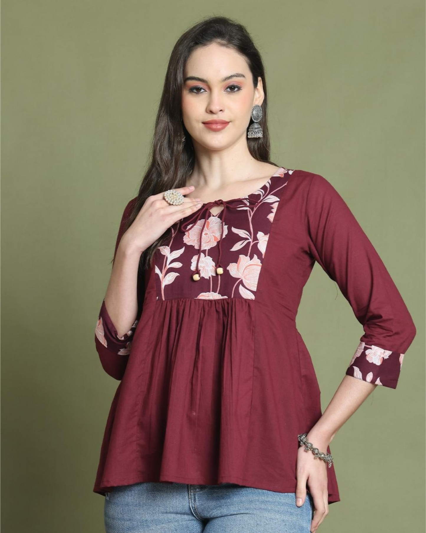 Chic Maroon Floral Embroidered Peplum Top - Reddish