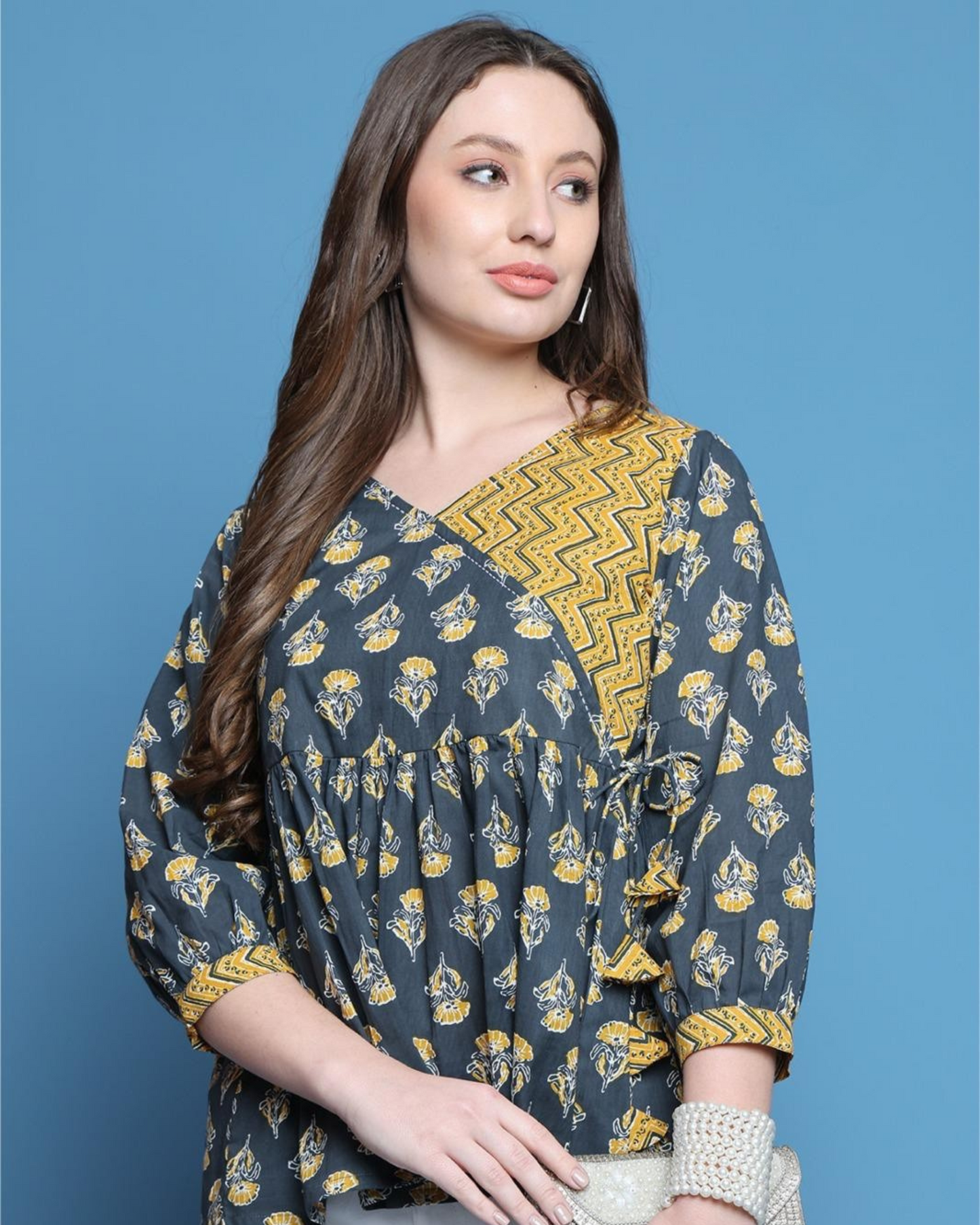 Elegant Grey & Mustard Printed Peplum Top