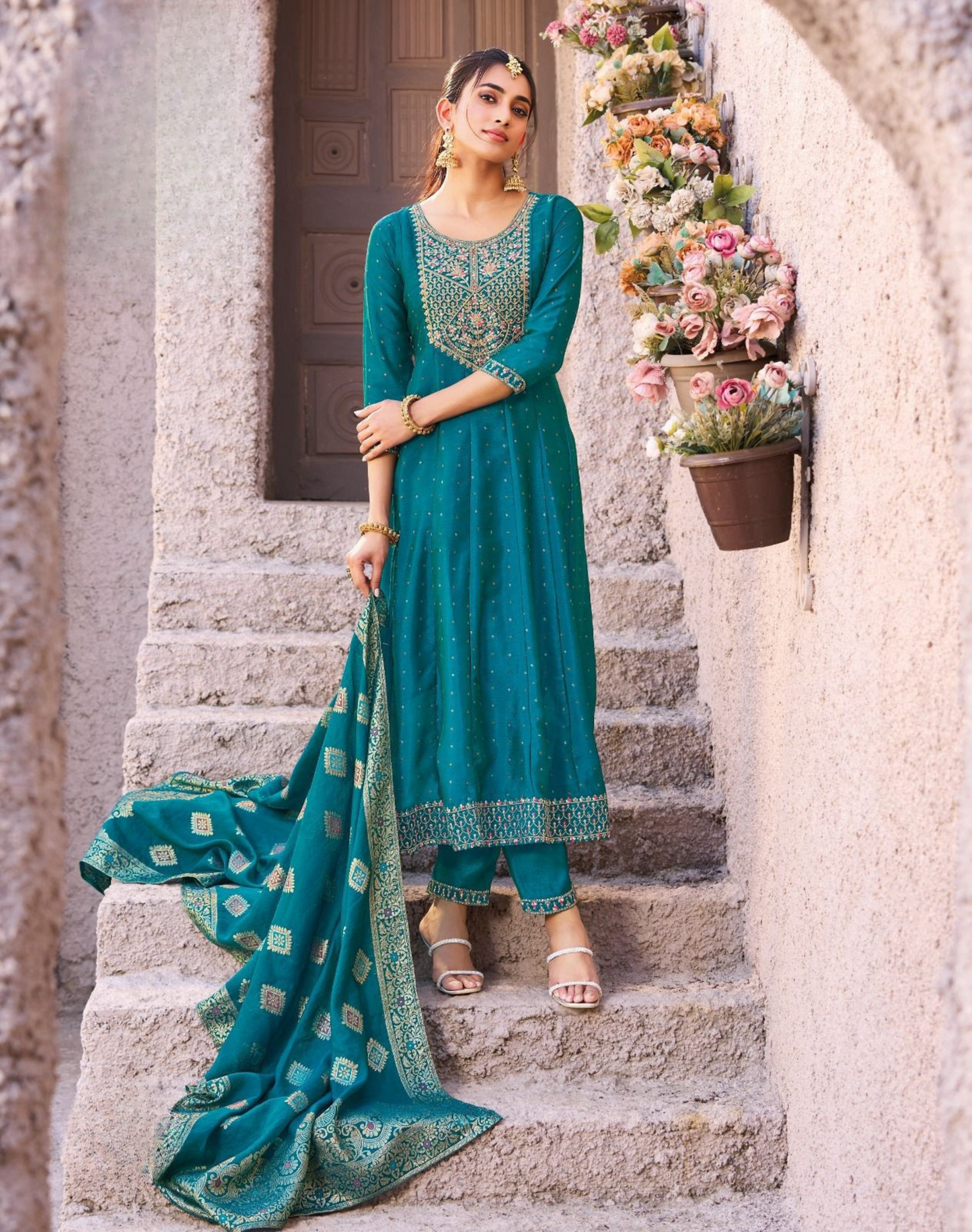 Exquisite Vichitra Silk Embroidered Suit with Chanderi Jacquard Dupatta