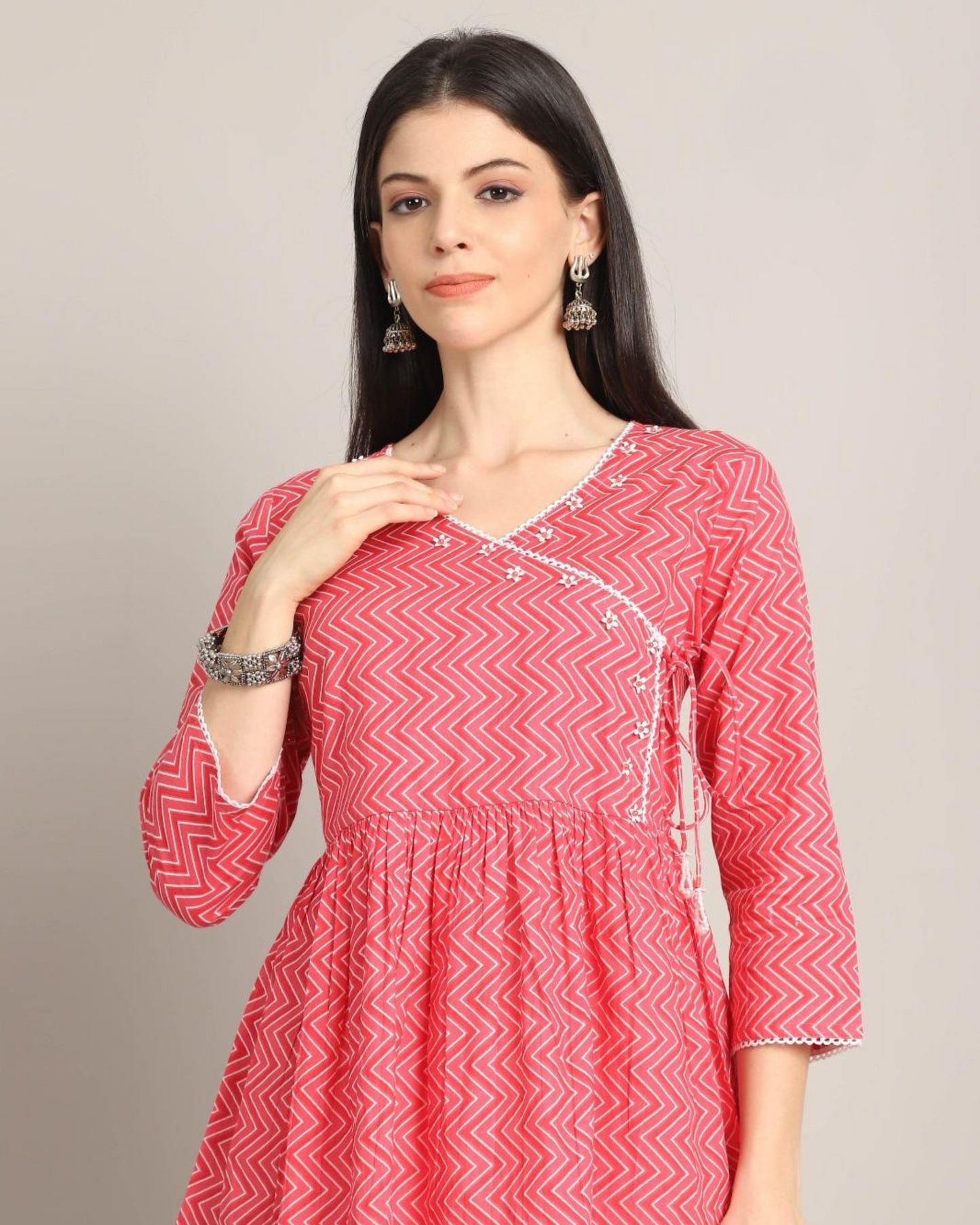 Elegant Pink Zig-Zag Printed Cotton Kurti