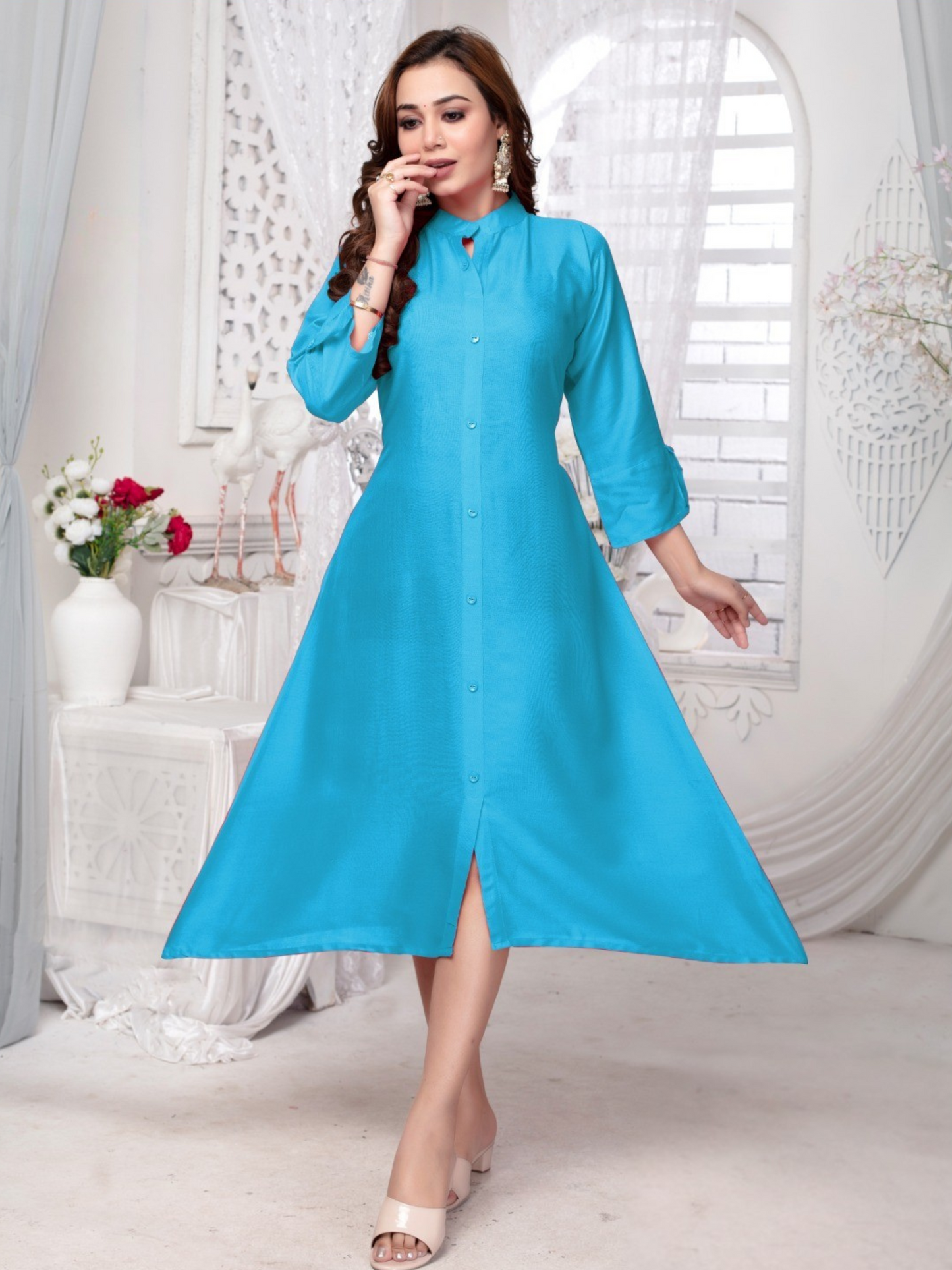 Elegant Flared Rayon Dress with Pockets – Classic