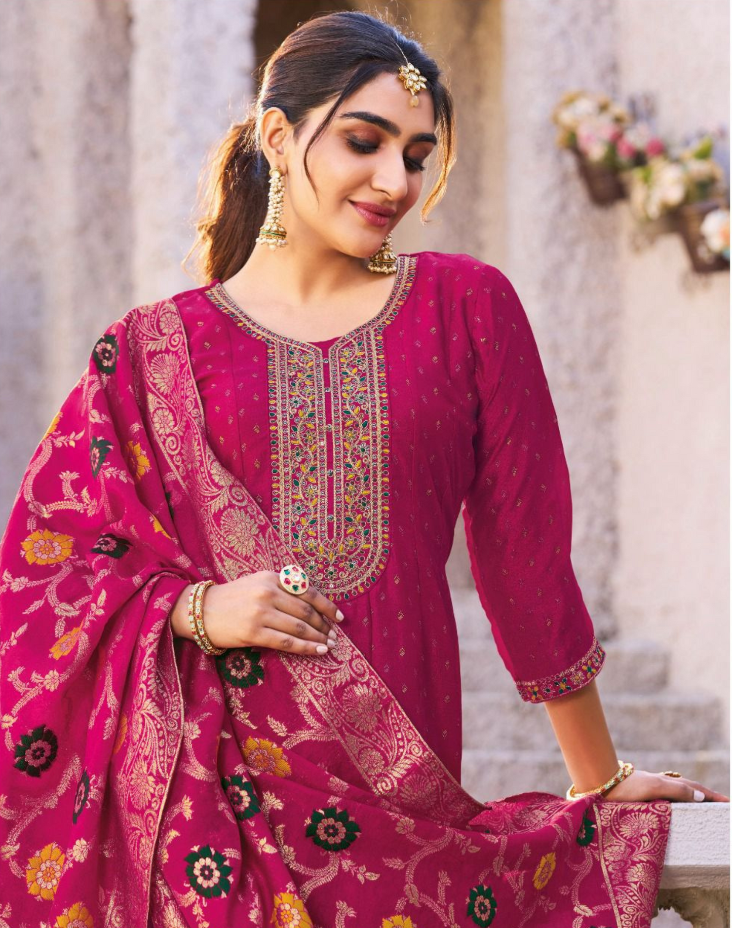 Exquisite Vichitra Silk Embroidered Suit with Chanderi Jacquard Dupatta