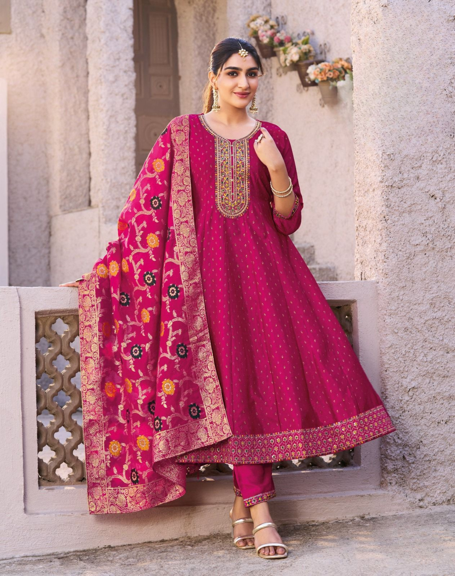 Exquisite Vichitra Silk Embroidered Suit with Chanderi Jacquard Dupatta
