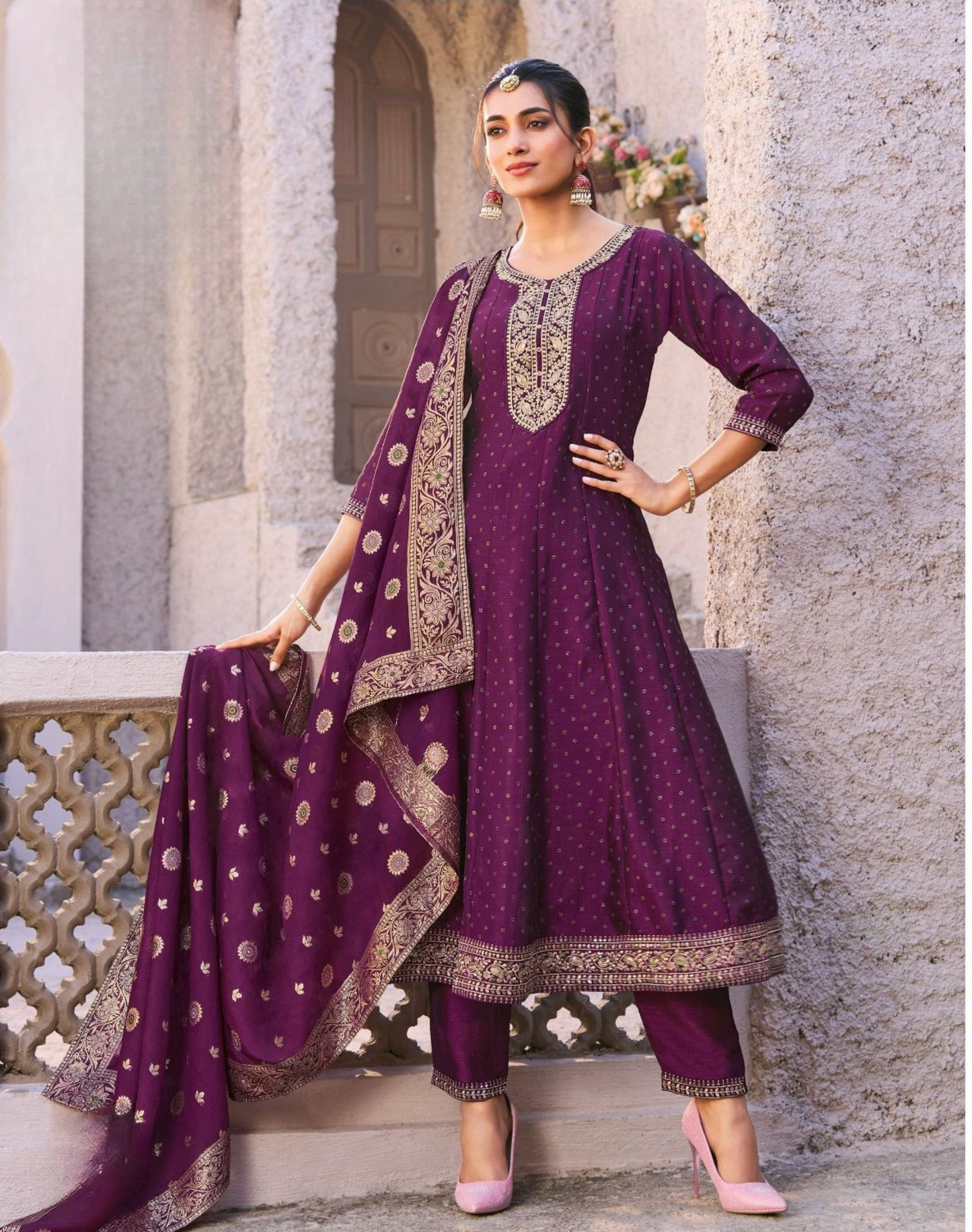 Exquisite Vichitra Silk Embroidered Suit with Chanderi Jacquard Dupatta