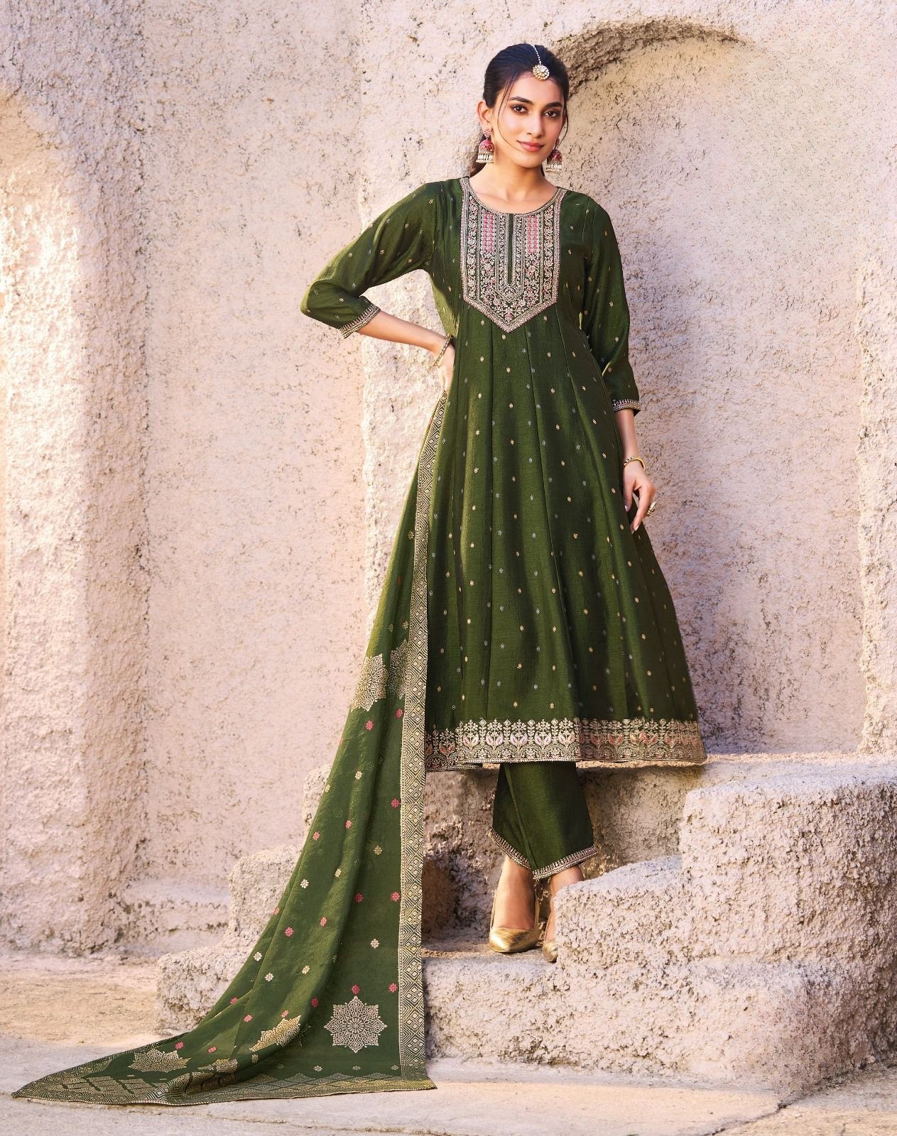 Exquisite Vichitra Silk Embroidered Suit with Chanderi Jacquard Dupatta