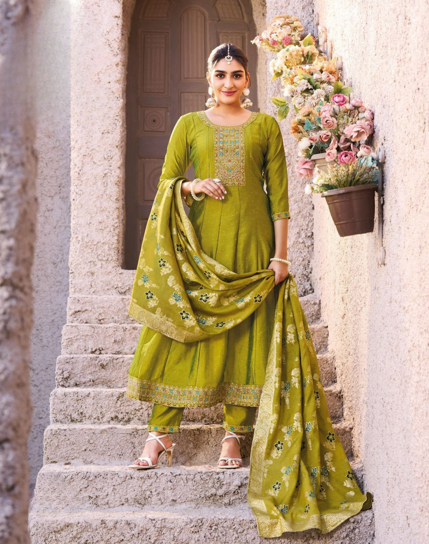 Exquisite Vichitra Silk Embroidered Suit with Chanderi Jacquard Dupatta