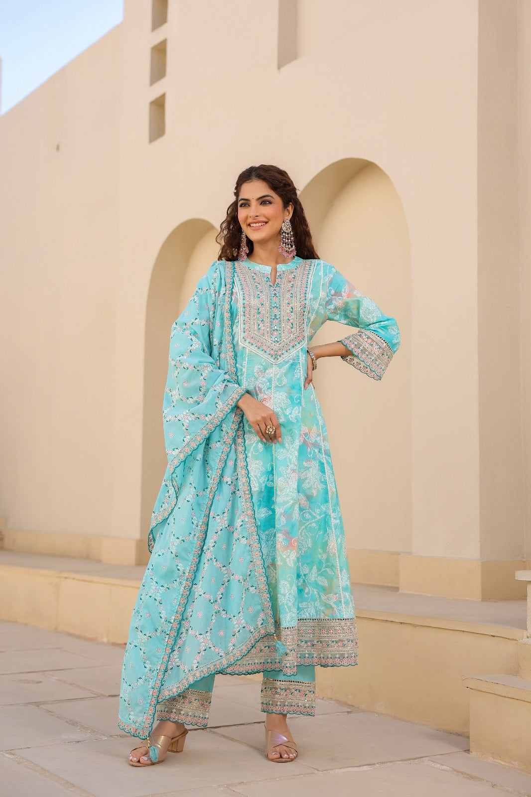 Aqua Elegance Embroidered Anarkali Set