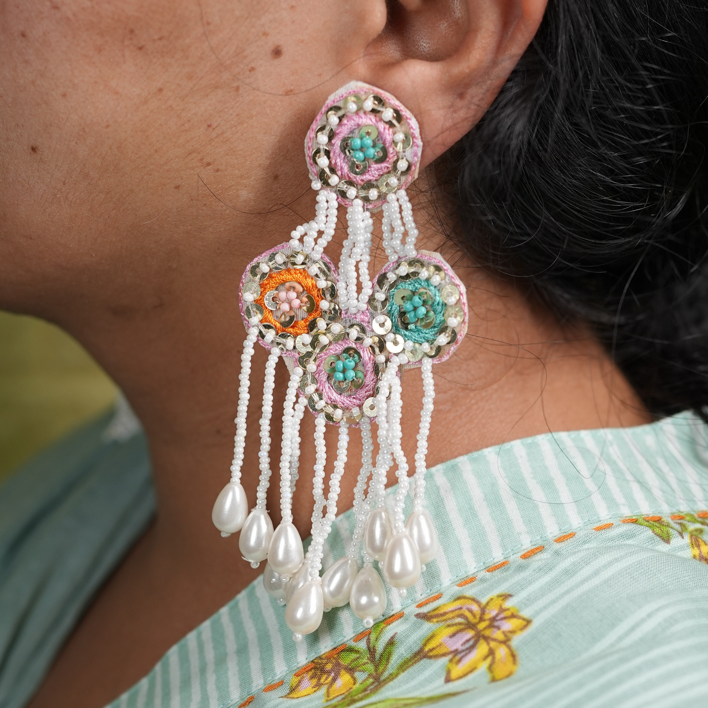 🌸 Handcrafted Elegance: Embroidered Beaded Dangler Earrings - Desisnitch
