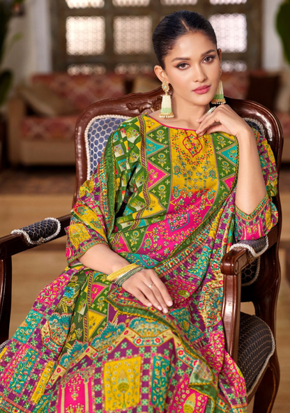 Elegant Maslin Digital Print Suit with Aari Mirror Work