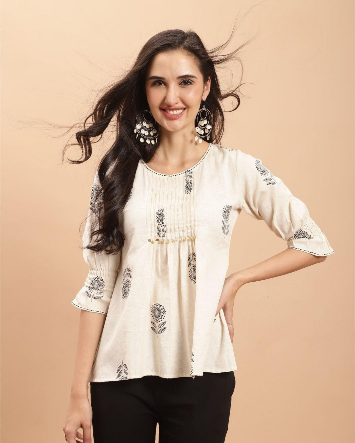 Elegant Off-White Hand-Block Printed Cotton Top – Timeless Grace