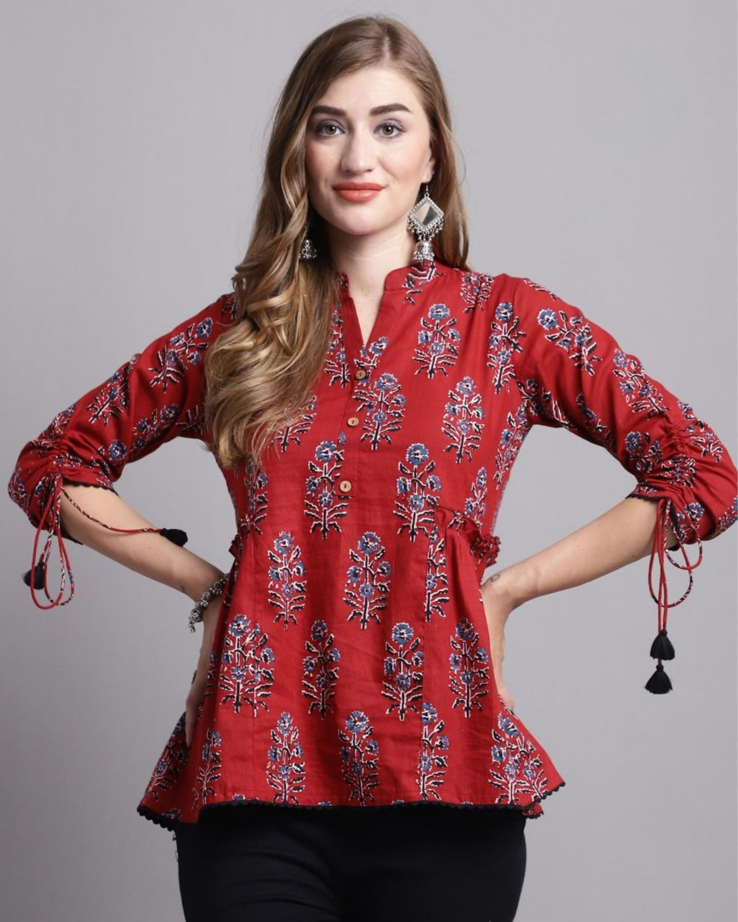 Elegant Red Floral Printed Cotton Tunic