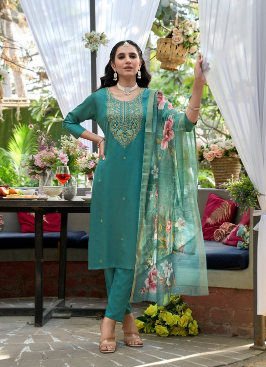 Premium Gajji Silk Embroidered Set with Organza Zari Dupatta