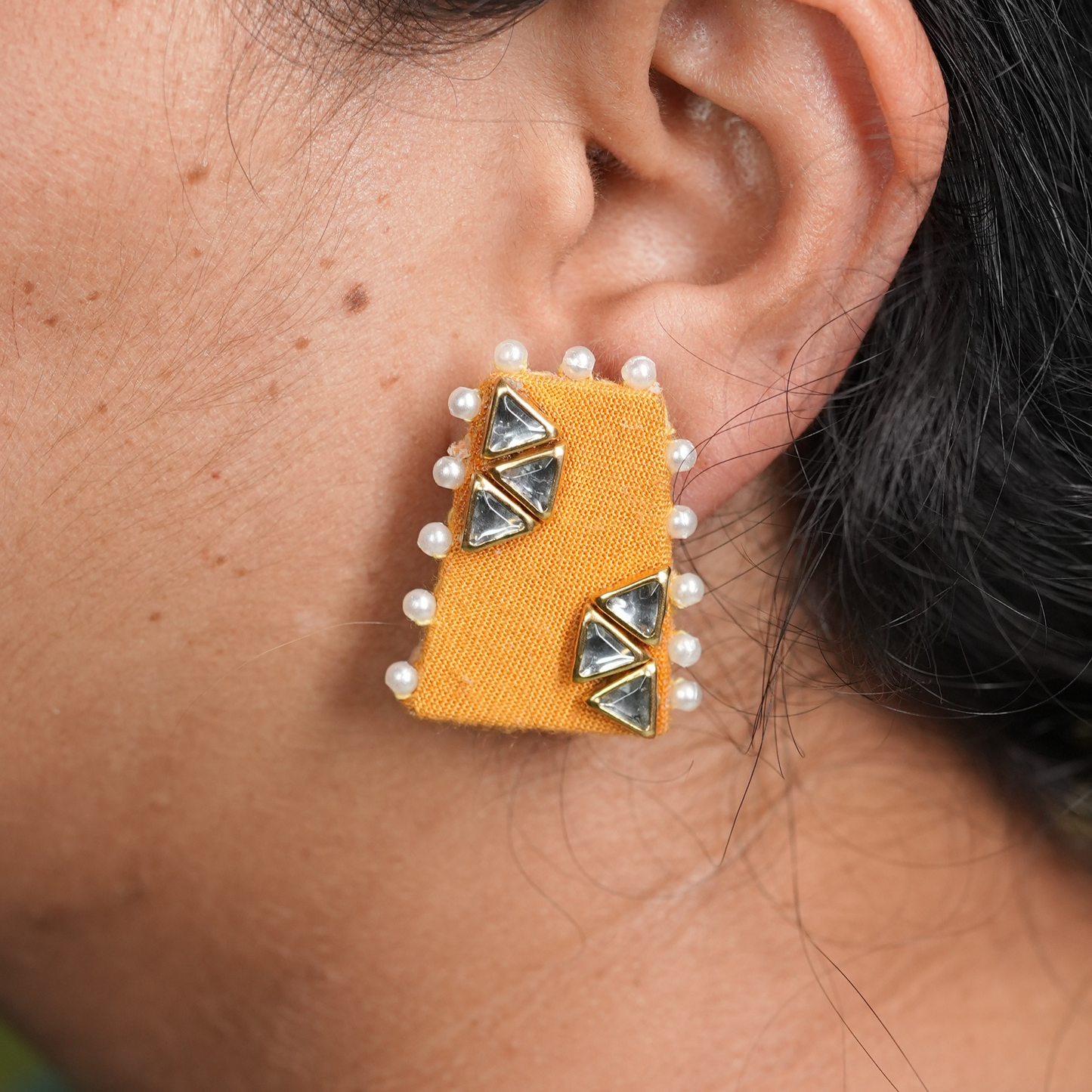 Desisnitch Handmade Triangular Pearl & Gemstone Earrings