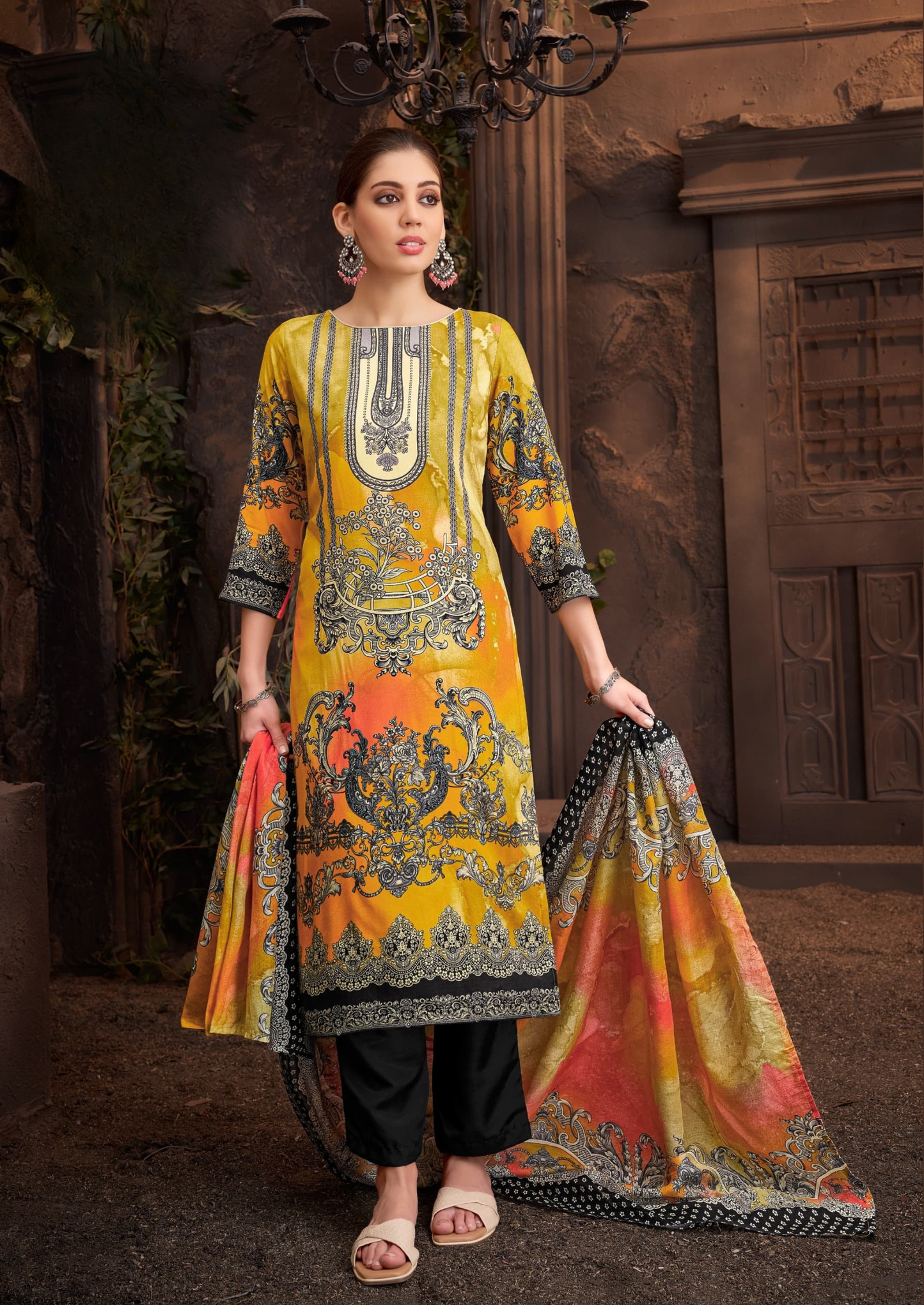 Elegant Viscose Rayon Suit with Swarovski Diamond Work