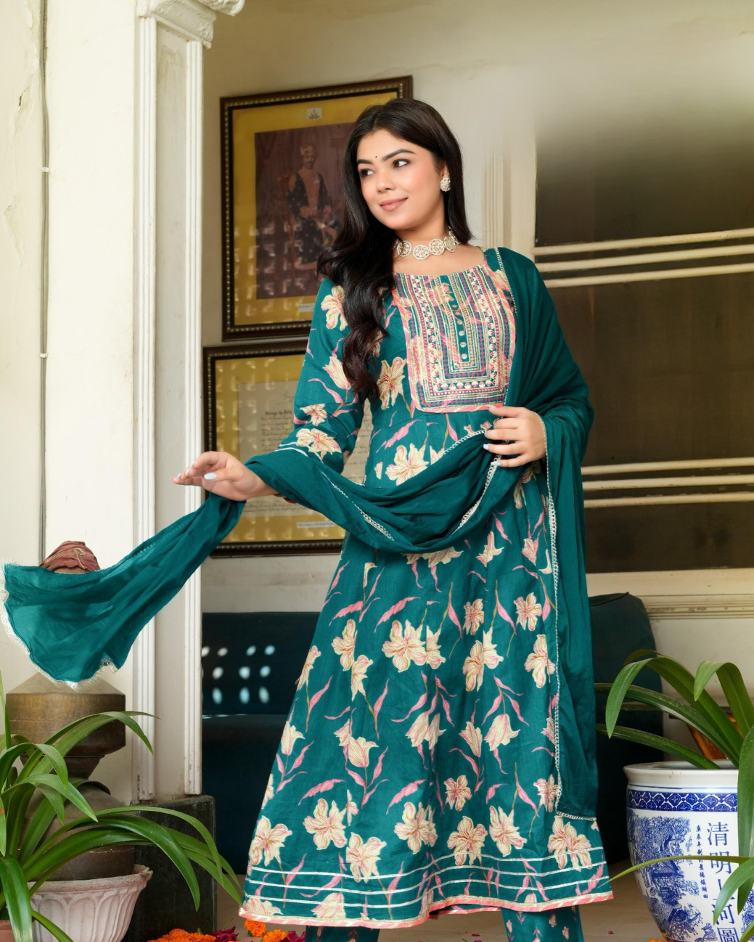 Premium Cotton Anarkali Set (3-Piece Set – Top, Pant & Dupatta)