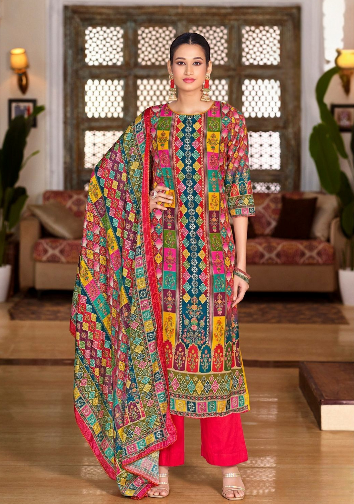 Elegant Maslin Digital Print Suit with Aari Mirror Work