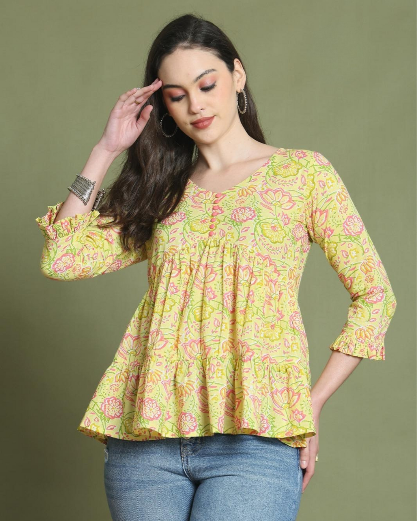 Floral Bliss Yellow Cotton Peplum Top