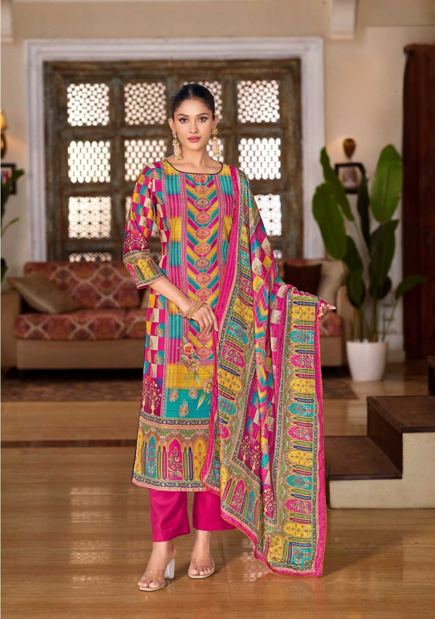 Elegant Maslin Digital Print Suit with Aari Mirror Work