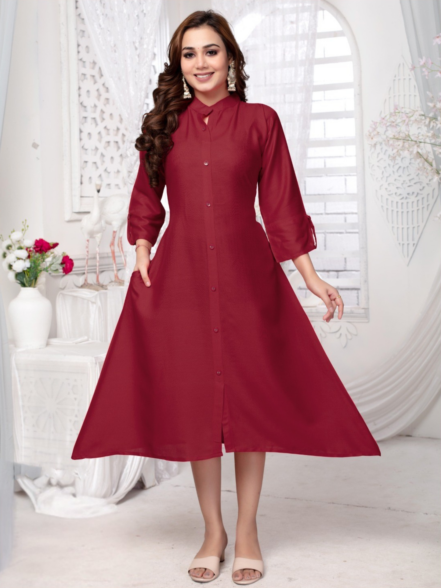 Elegant Flared Rayon Dress with Pockets – Classic