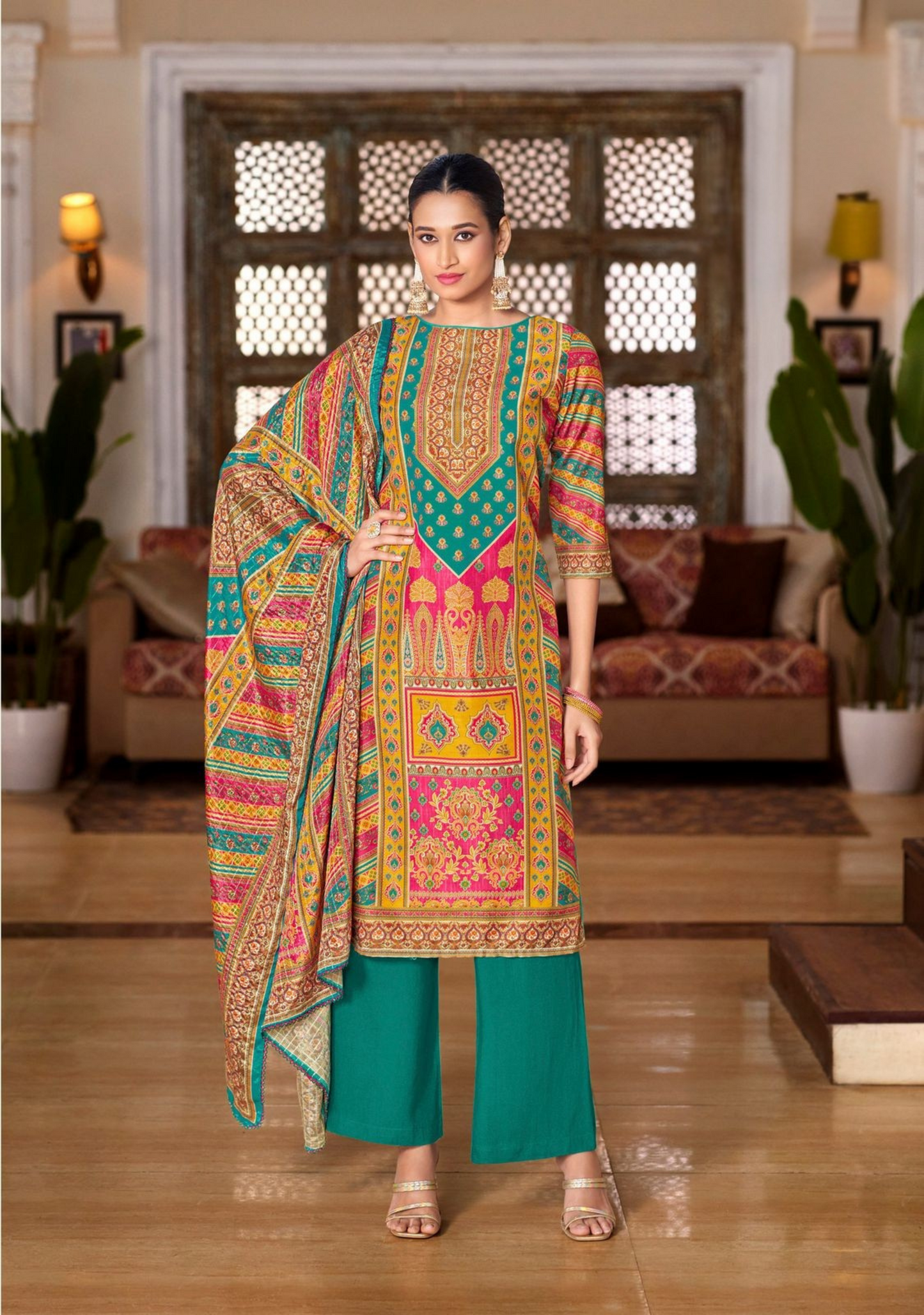 Elegant Maslin Digital Print Suit with Aari Mirror Work