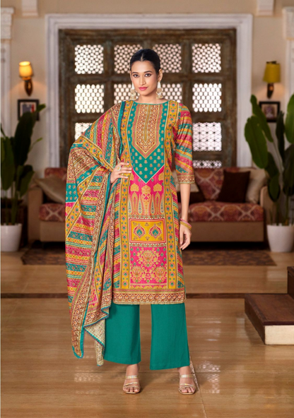 Elegant Maslin Digital Print Suit with Aari Mirror Work