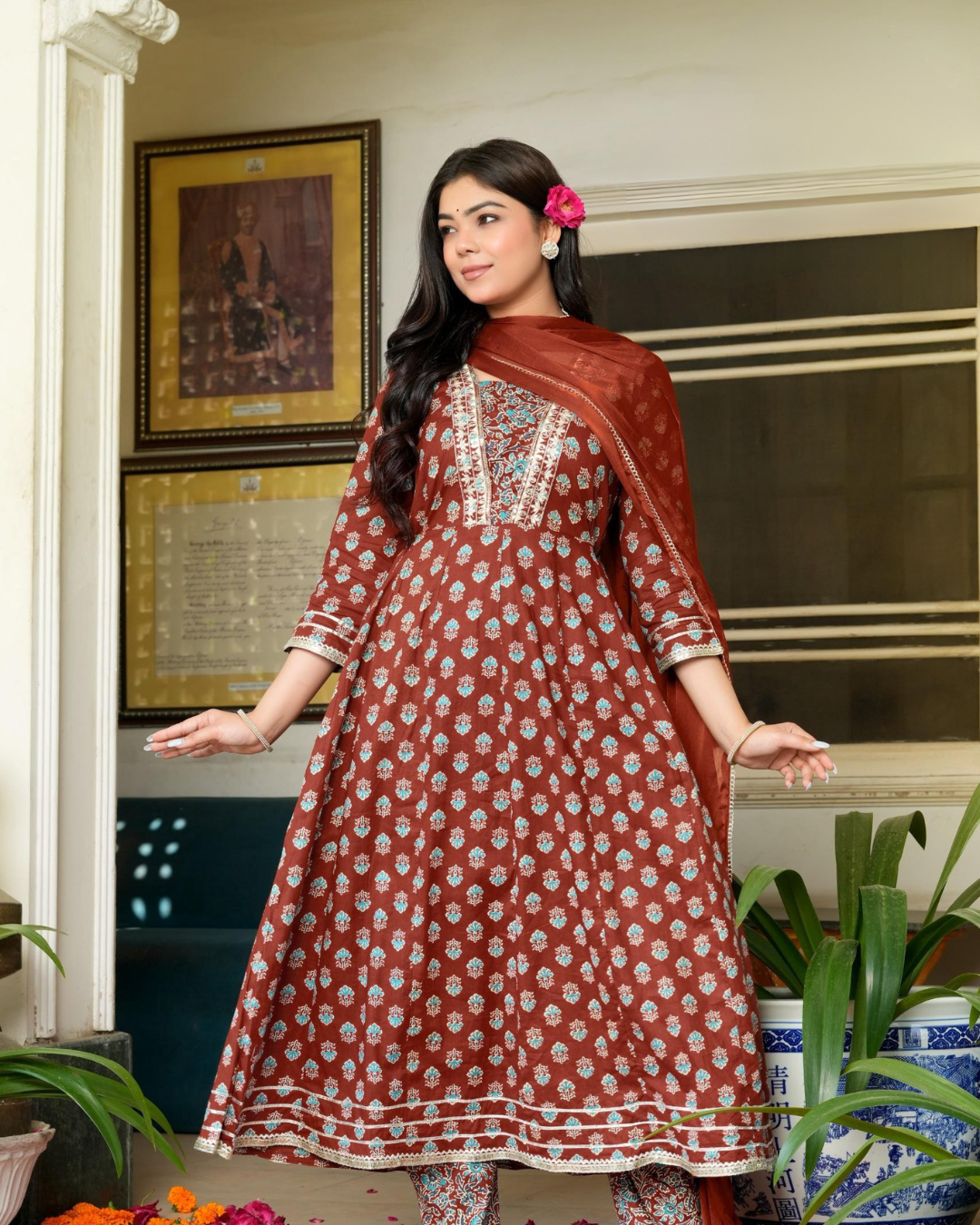 Premium Cotton Anarkali Set (3-Piece Set – Top, Pant & Dupatta)