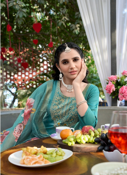 Premium Gajji Silk Embroidered Set with Organza Zari Dupatta